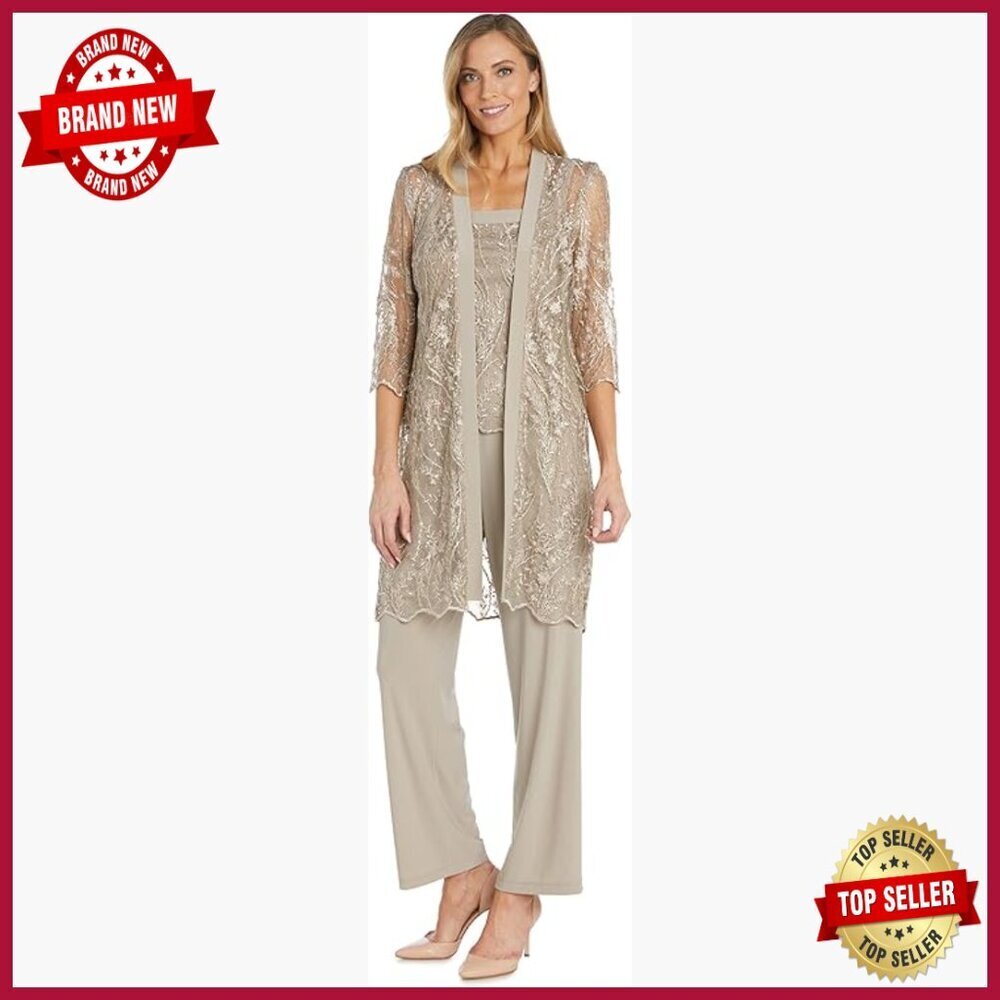 Sequined Floral Lace Duster Suit Set, 3-Piece Formal Pant Set, Relaxed Fit
